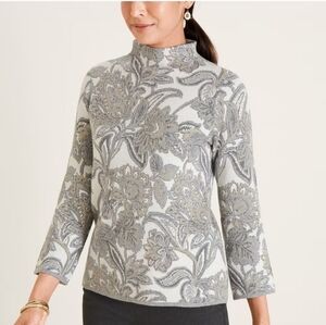 Chicos Jacobean-Print Mock-Neck Zip-Back Sweater XL